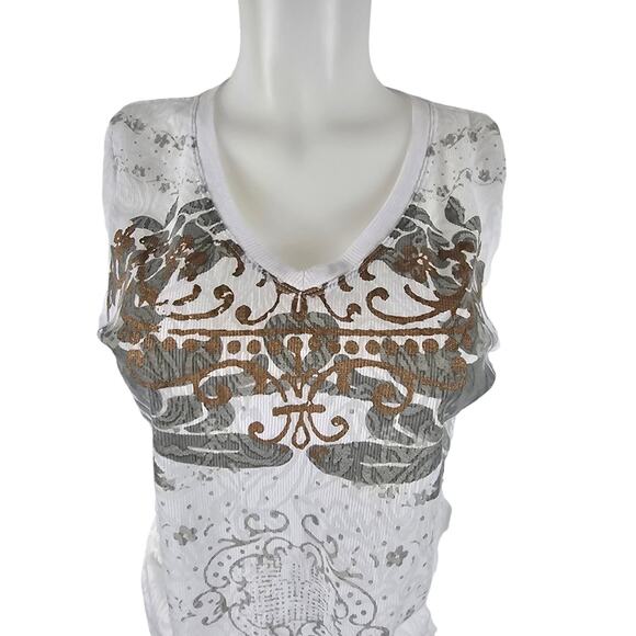 Cabi Lightweight Burnout Waffle Knit Ruched White/Gray/Gold Long Sleeve Top L - Picture 2 of 6